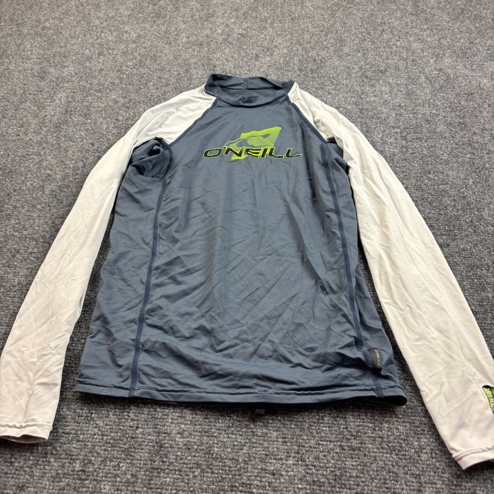 O’NEILL Boys Long Sleeve Grey/White Skins 6oz 50+ UV Protection RashGuard Sz: 16
